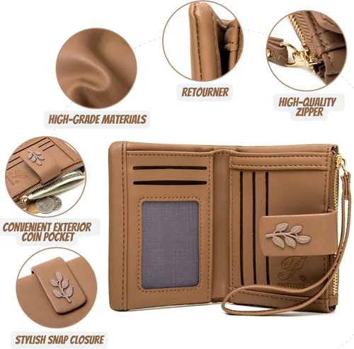 Miniatura 4 de Cartera pequeña y compacta de piel sintética para mujer, con bloqueo Rfid, con bolsillo, con correa para muñeca, color negro, Café