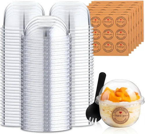 Cunhill Paquete de 50 tazas de postre con tapas de cúpula, vasos de plástico desechables con tapas transparentes para mascotas (sin agujero),