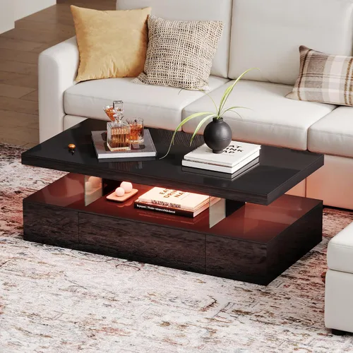 Miniatura 7 de ChooChoo Mesa de centro LED moderna, mesa central de alto brillo con cajón, mesa de centro negra con almacenamiento para sala de estar, dormitorio