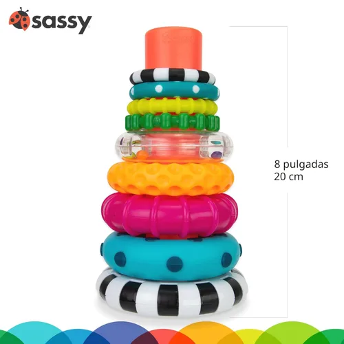 Miniatura 4 de Anillo de apilado de pilas de círculos de Sassy, juguete de aprendizaje STEM, a partir de 6 meses, multicolor, juego de 9 piezas