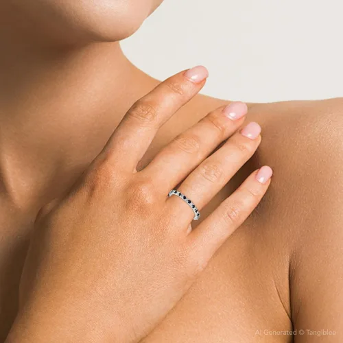 Miniatura 6 de Anillo de eternidad apilable con diamantes de zafiro azul de 12 quilates, oro blanco de 14 quilates