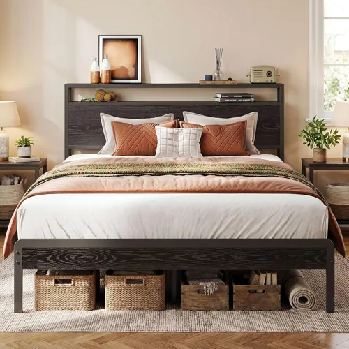 LIKIMIO Base de cama matrimonial con cabecero, cámaras de madera oscura con soportes fuertes, resistentes, sin ruido, no necesita somier, color negro