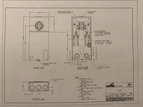 Miniatura 3 de Gabinete de medidor 324 N, 400A, 4 mordazas, 1PH, 3W, UG, derivación MCC, estrecho