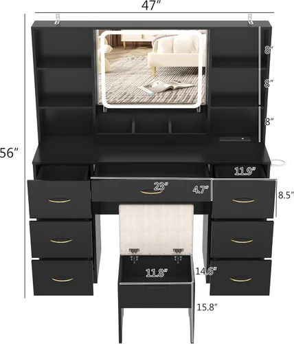 Miniatura 2 de chartustriable Escritorio grande de tocador de 47 pulgadas con 7 cajones, taburete acolchado, tomacorriente, 6 estantes, juego de mesa de tocador