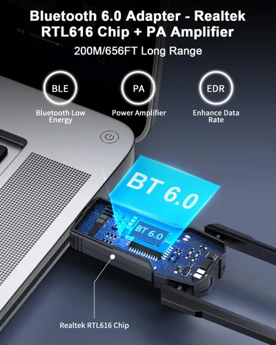 Miniatura 2 de ZEXMTE Adaptador Bluetooth 6.0 para PC, receptor transmisor Bluetooth USB de doble antena Plug & Play, largo alcance de 656.2 ft/656 pies, chip