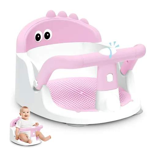 Asiento de baño para bebés de 6 meses en adelante sentados, silla de baño antideslizante con ventosa, seguro y cómodo asiento de baño infantil Rosa