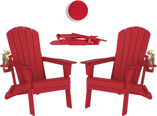 Miniatura 13 de Plawdlik Adirondack Juego de 2 sillas plegables, probadas por SGS, textura de madera con portavasos, polietileno de alta densidad resistente a todo
