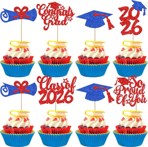 Miniatura 19 de Rsstarxi Paquete de 24 adornos para cupcakes de graduación 2026, con purpurina azul, para la clase de 2026, para diplomas, 24 piezas (6 diseños)
