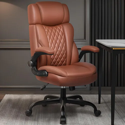 Miniatura 2 de Silla de oficina con brazos abatibles, silla de oficina ejecutiva de cuero ergonómica con soporte lumbar, reposacabezas ajustable, silla
