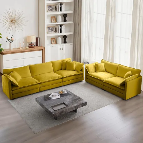 Miniatura 14 de mikibama Juego de sofá biplaza y sillón de lujo de 2 piezas, moderno juego de sofás nube tapizados de chenilla con 5 almohadas para sala de estar