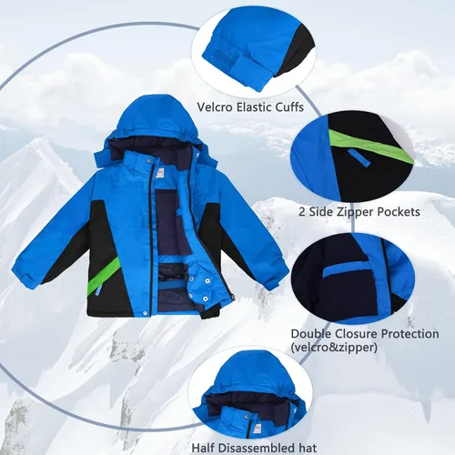 Miniatura 2 de Chaqueta de esquí impermeable para niños, abrigo de nieve cálido para invierno, con capucha, forro polar resistente al viento