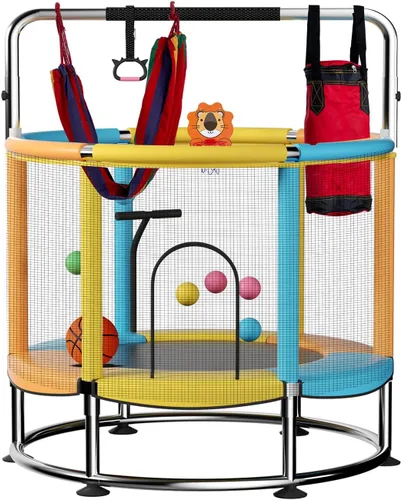 Miniatura 10 de Trampolín de 55 pulgadas para niños, de hasta 440 libras con fondo redondo antivuelco, trampolín para interiores y exteriores con recinto