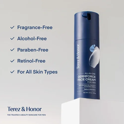 Miniatura 10 de TEREZ & HONOR Crema facial 6 en 1 para hombres: Crema hidratante antienvejecimiento coreana DermForce con niacinamida, bakuchiol y 5-CICA - Hidrata