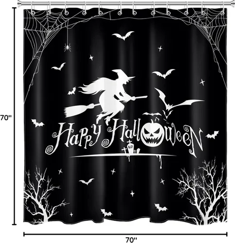 Miniatura 8 de HVEST Cortina de ducha de Halloween y alfombras de baño, escoba de bruja, murciélago, telaraña y árbol muerto sobre tapete de baño, cortina de ducha