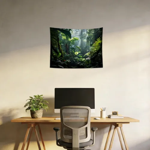 Miniatura 3 de QGHOT Tapiz de selva para colgar en la pared, telón de fondo de selva tropical con hojas de palmera verde, arte de pared de bosque extra grande