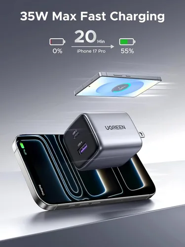 Miniatura 2 de UGREEN Cargador USB C de 35 W para iPhone 17 de carga rápida, Nexode 2 puertos GaN plegable PPS compacto y rápido bloque de cargador de pared