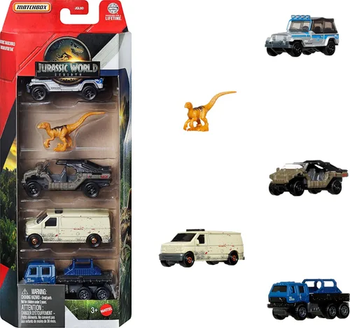 Matchbox Jurassic World - Coches de juguete, camiones y dinosaurios, paquete de 5 con 4 vehículos de juguete fundidos a escala 1:64 y 1 dinosaurio