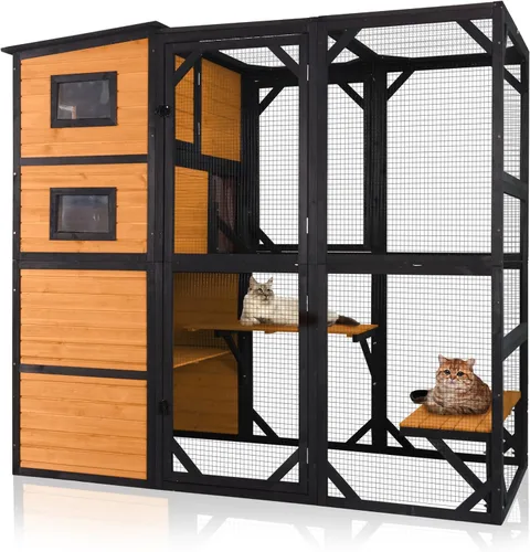 Catio - Recinto para gatos al aire libre para múltiples gatos, resistente a la intemperie, casa grande para gatos con 4 niveles, 3 salas de