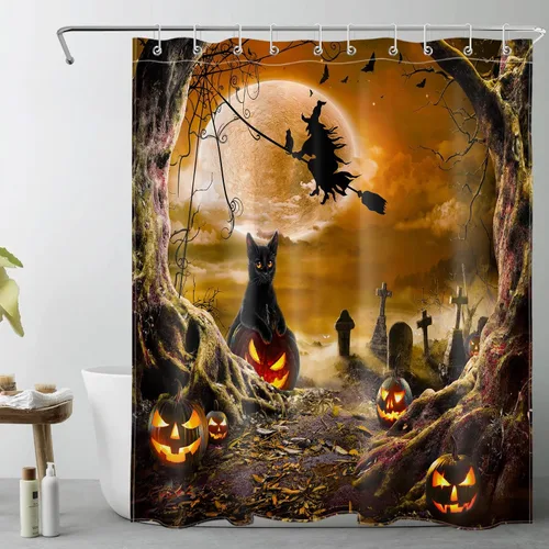 Miniatura 11 de LB Cortina de ducha espeluznante de Halloween, árbol muerto espeluznante con tela de araña de murciélago, cortina de ducha de baño con temática