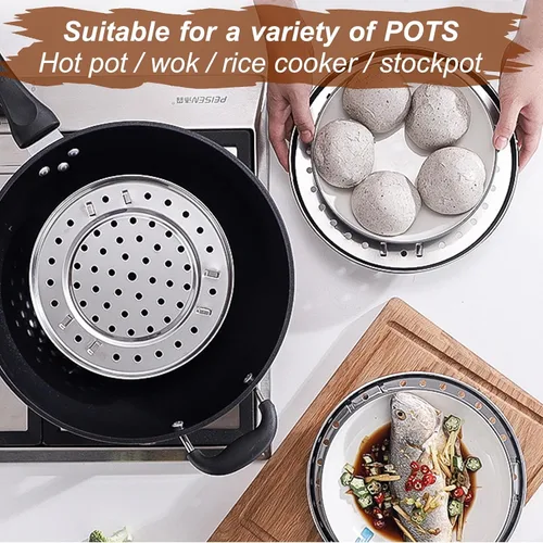 Miniatura 6 de Rejilla Redonda para Vaporera 1 pieza con Revestimientos de Silicona, Canasta Vaporera de Alimentos de Acero Inoxidable con Soporte Removible