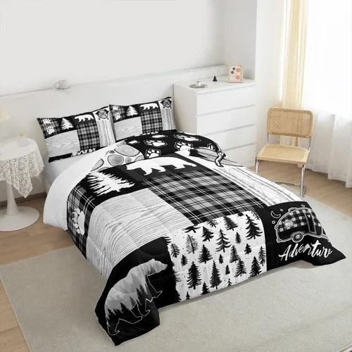 Miniatura 146 de Juego de edredón de cuernos de ciervo tamaño individual, juego de ropa de cama rústica de granja con huellas de oso y pinos para decoración