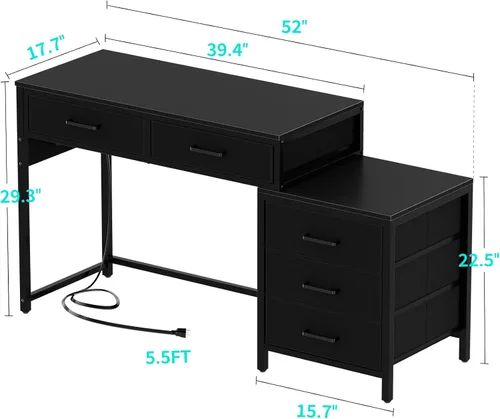 Miniatura 3 de Unikito Escritorio de computadora reversible con 5 cajones, escritorio de oficina resistente con tomas de corriente y puertos USB, mesa de escritura