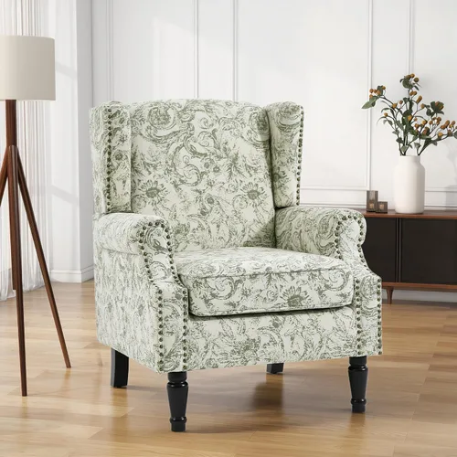 Silla de Acento de Respaldo Alto, Sillón Tapizado en Tela para Sala de Estar, Sillón Wingback con Estampado Floral con Patas de Madera Maciza, Sofá