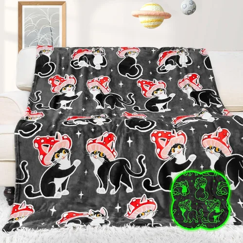 HWING Manta de Gato Negro que Brilla en la Oscuridad - Regalos de Cumpleaños para Niñas Amantes de los Gatos, Mujeres, Adolescentes, Adultos -
