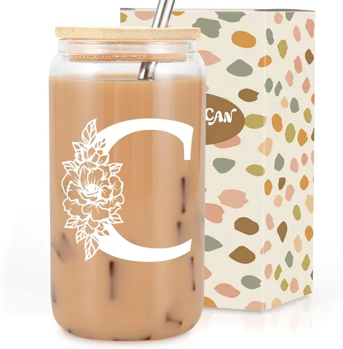 Taza de Vidrio Inicial Coolife, Regalos Personalizados para Mujeres, Tazas de Vidrio de 16 oz con Tapas y Popotes, Vaso de Café Helado, Licuado,