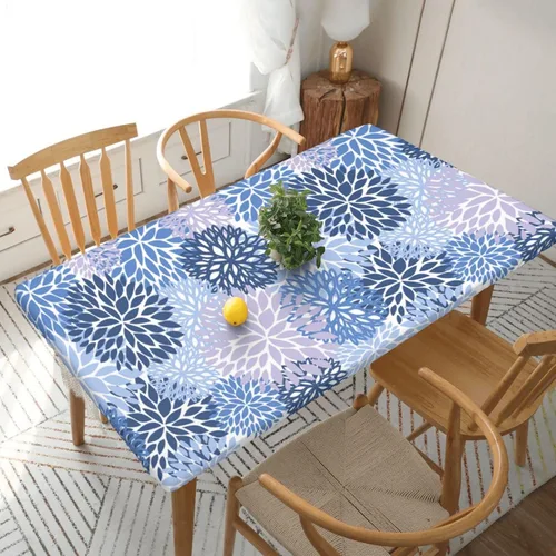 Miniatura 11 de Fiokroo Mantel de Flores de Crisantemo Azul, Amarillo y Azul Marino con Borde Elástico, Mantel Redondo Lavable y Reutilizable Cubierta de Mesa