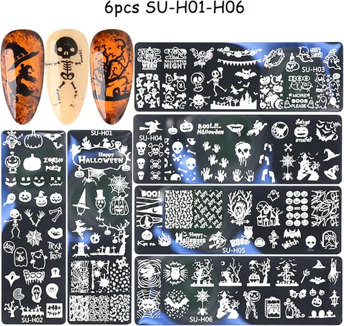 Miniatura 6 de Juego de 6 plantillas de estampado de uñas con líneas francesas, flores, hojas, diseño de corazón sonriente, kits de estampación, herramientas