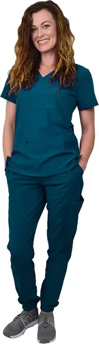 Green Town Conjunto de uniforme médico para mujer, pantalón deportivo y camiseta con cuello en V, 6 bolsillos, uniformes de fácil cuidado, caribeño,