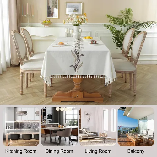 Miniatura 6 de JIALE Mantel para mesa rectangular, 70 pulgadas, manteles marrón y beige de 70 pulgadas, lino de algodón resistente (2 piezas)