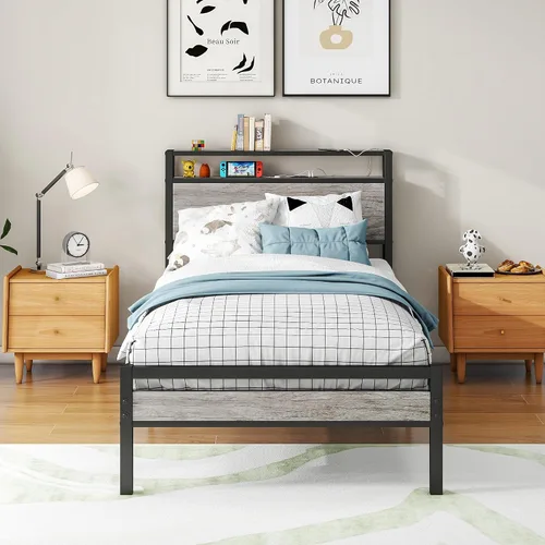 Miniatura 13 de BOFENG Base de cama Queen con cabecera de almacenamiento, marco de cama de plataforma de metal tamaño Queen con luces LED, estación de carga,