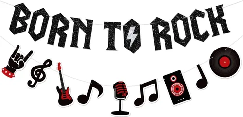 Banner con purpurina Born to Rock con guirnalda de notas musicales, decoraciones de fiesta de los años 50, suministros de fiesta de cumpleaños con