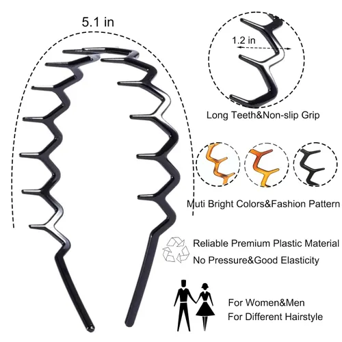 Miniatura 2 de 6 PCS Diademas en Zig Zag de Plástico Onduladas para el Cabello con Peine de Dientes, Accesorios de Aro para Mujeres, Hombres y Niñas, Negro Clásico