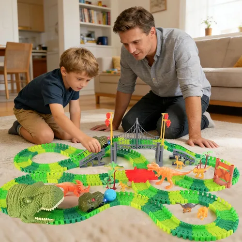 Miniatura 4 de BEMITON Pista de autos de carreras de juguetes de dinosaurios, crea una carrera de carretera mundial de dinosaurios, juego de juguetes flexibles