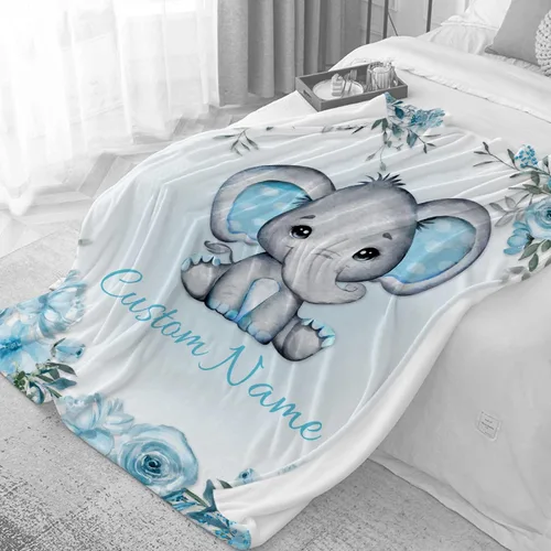 Miniatura 4 de Manta personalizada de elefante azul floral con nombre para niñas, manta con nombre personalizado para niños pequeños, regalos personalizados