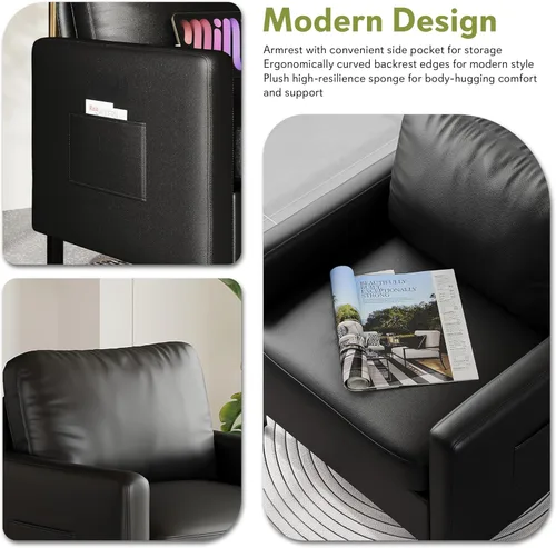 Miniatura 5 de STHOUYN Juego de 2 sillas decorativas de piel sintética negra con brazos, moderna silla de oficina pequeña, sillas de sala de espera para sala