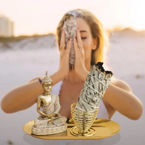 Miniatura 3 de ZenBless Soporte de incienso 6 en 1 – Palo Santo, estatua de Buda, salvia y quemador de incienso para palos/bobinas/conos, recogedor de cenizas Buda