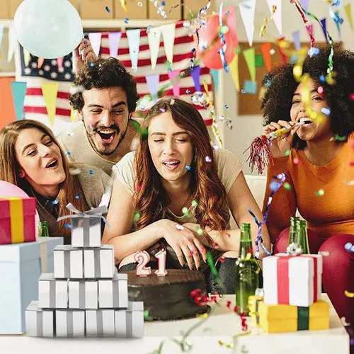 Miniatura 3 de KPOSIYA Paquete de 70 cajas de regalo de 2 x 2 x 2 pulgadas, cajas de regalo plateadas con cintas para decoración de bodas, baby shower, suministros