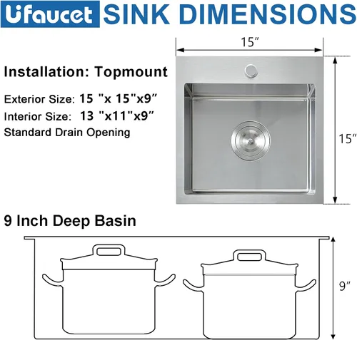 Miniatura 3 de 15x15 Inch Drop In Bar Sinks, Top Mount Handmade Single Bowl Small Kitchen Sink, 16 Gauge Stainless Steel Brushed Nickel for Wet Bar Prep RV Outdoor
