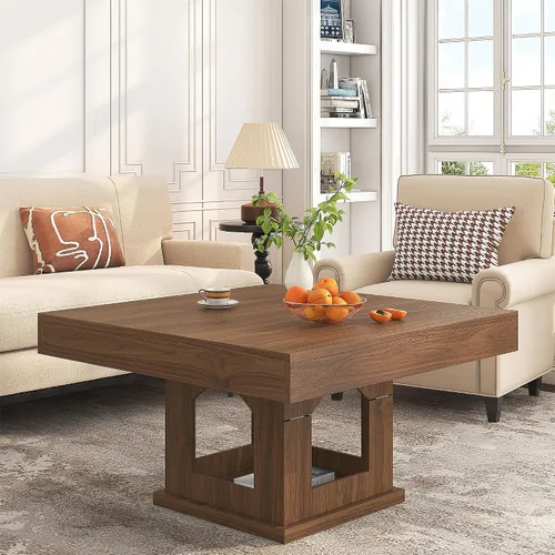 Miniatura 7 de knoworld Mesa auxiliar cuadrada, mesa de centro de madera con almacenamiento y casa para gatos, mesa de cóctel marrón rústica para sala de estar