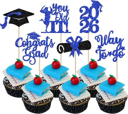Miniatura 23 de Paquete de 24 adornos para cupcakes de clase 2025 con purpurina 2025 para diploma de graduación 2025 para cupcakes temáticos de graduación 2025