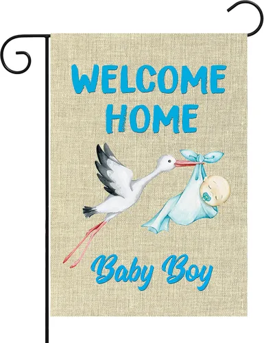 WATINC Bandera de jardín de bienvenida a casa de bebé niño de arpillera para baby shower niño, entrega especial, bandera de casa de doble cara para