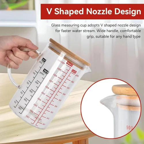 Miniatura 3 de Taza medidora de vidrio transparente, taza medidora de vidrio con tapa Taza medidora con escalas de medición y boquilla para cocina o restaurante