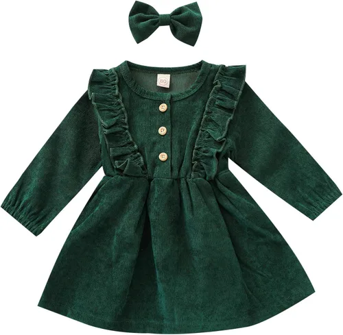 Karuedoo Kids Toddler Baby Girl Corduroy Ruffle Long Sleeve Dress Princess Party Dress Fall Winter Skirt Outfit