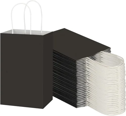 Toovip Paquete de 100 Bolsas Pequeñas de Papel Kraft Negro de 5.25x3.25x8.25 Pulgadas con Asas a Granel, Bolsas de Papel de Regalo para Favores de
