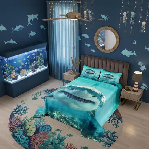 Miniatura 2 de Castle Fairy Shark Kids Bedspread Twin Size,3D Shark Bule Underwater World Coverlet Set,Boys Girls Bedroom Decor,Marine Life Quilted Coverlet,Ocean