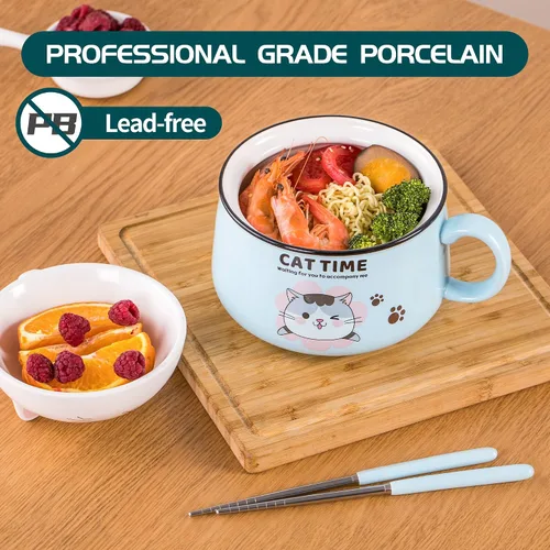 Miniatura 5 de Juego de cuencos para ramen con palillos, lindos cuencos de fideos instantáneos para ramen con diseño de gato lindo con tapa, cuencos de cerámica